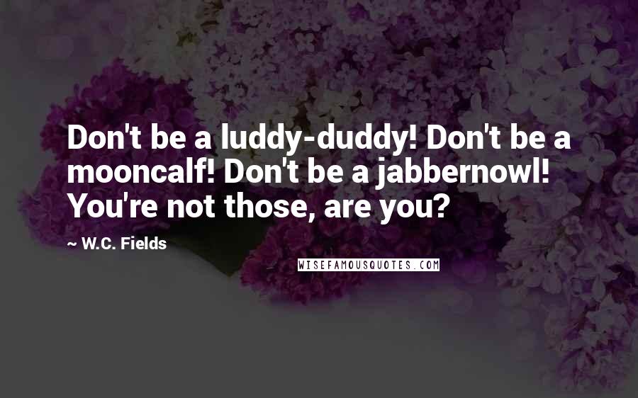 W.C. Fields Quotes: Don't be a luddy-duddy! Don't be a mooncalf! Don't be a jabbernowl! You're not those, are you?