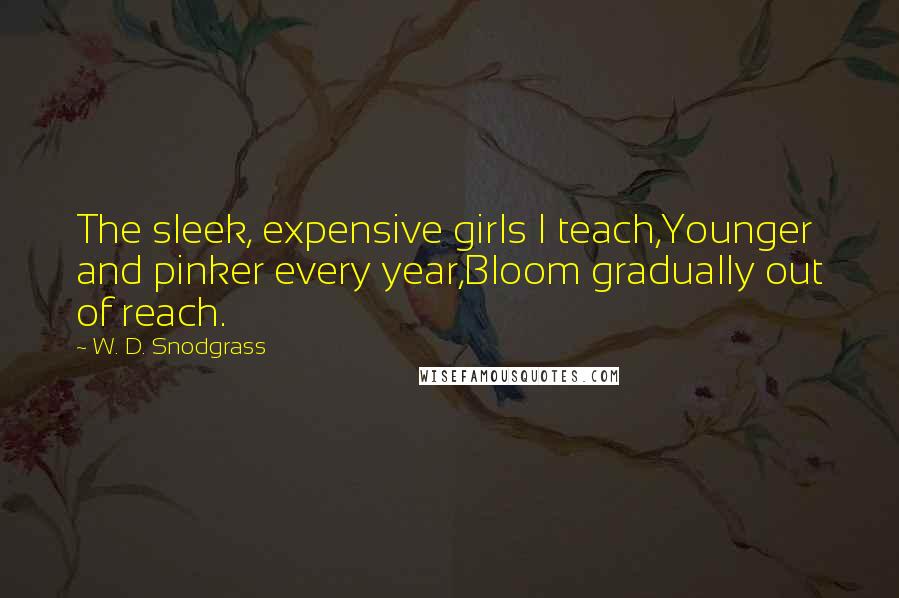 W. D. Snodgrass Quotes: The sleek, expensive girls I teach,Younger and pinker every year,Bloom gradually out of reach.