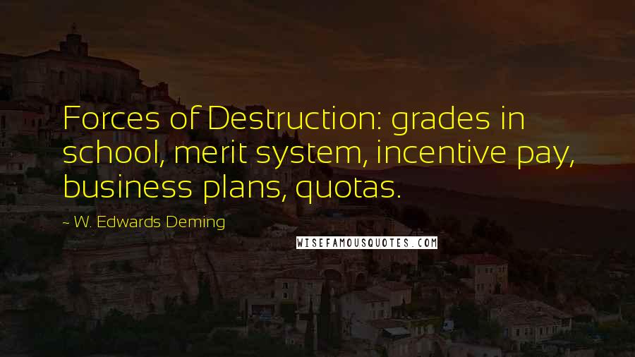 W. Edwards Deming Quotes: Forces of Destruction: grades in school, merit system, incentive pay, business plans, quotas.