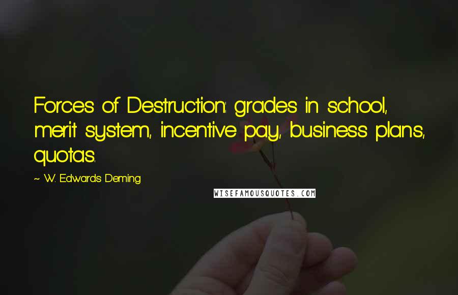W. Edwards Deming Quotes: Forces of Destruction: grades in school, merit system, incentive pay, business plans, quotas.