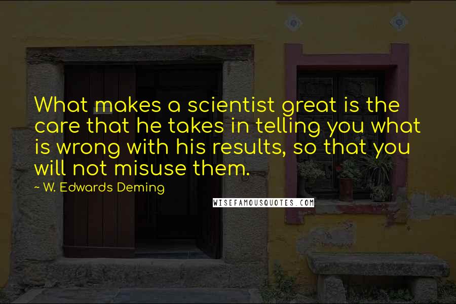 W. Edwards Deming Quotes: What makes a scientist great is the care that he takes in telling you what is wrong with his results, so that you will not misuse them.