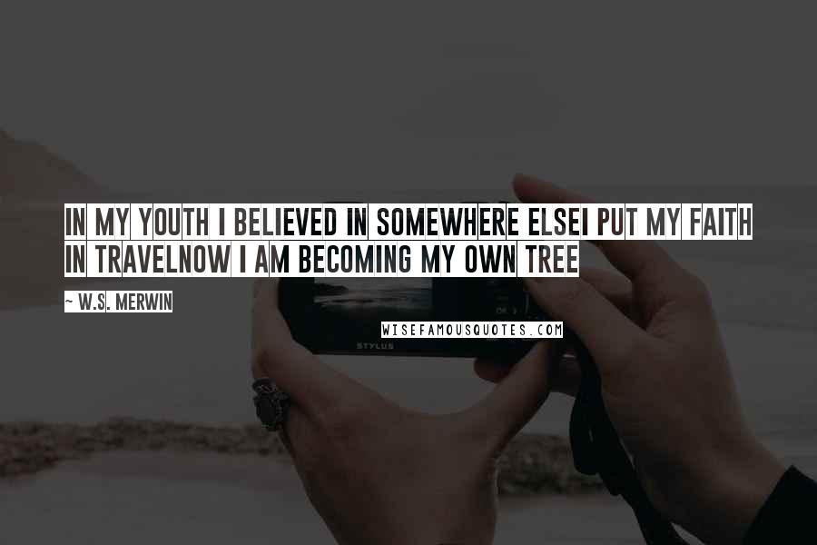 W.S. Merwin Quotes: In my youth I believed in somewhere elseI put my faith in travelnow I am becoming my own tree