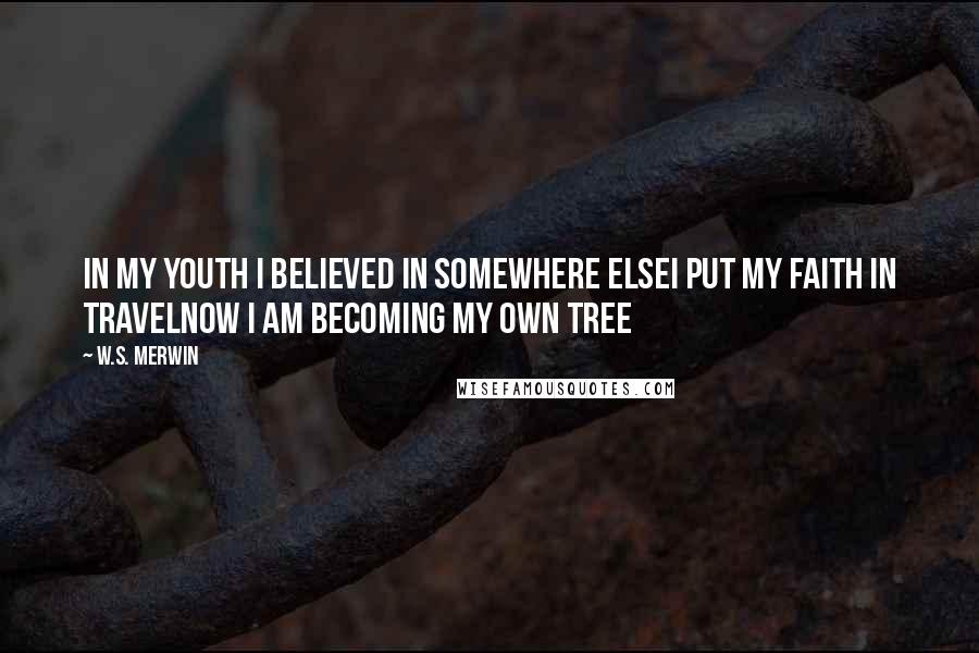 W.S. Merwin Quotes: In my youth I believed in somewhere elseI put my faith in travelnow I am becoming my own tree