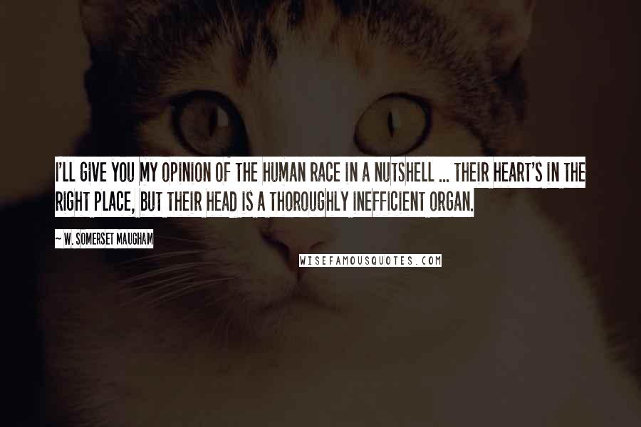 W. Somerset Maugham Quotes: I'll give you my opinion of the human race in a nutshell ... their heart's in the right place, but their head is a thoroughly inefficient organ.