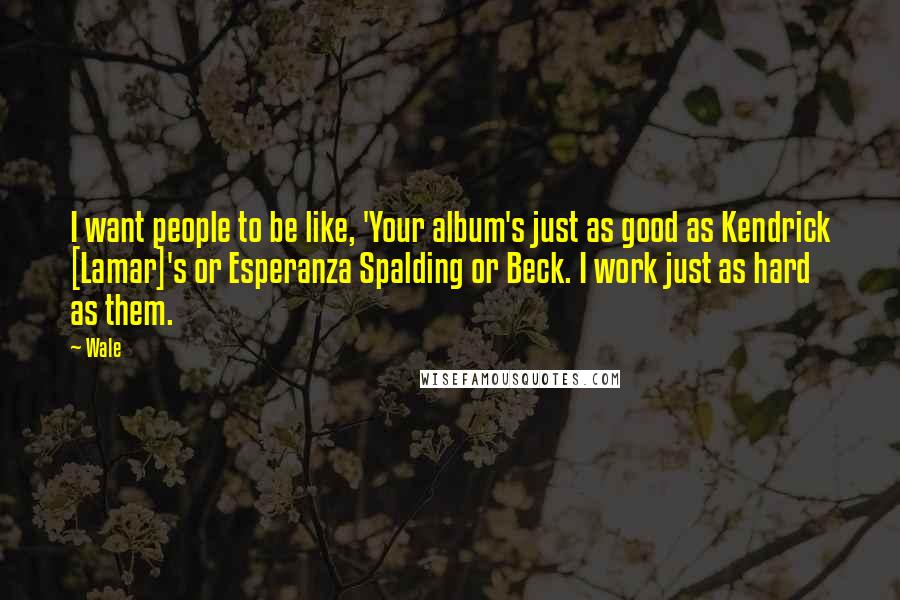 Wale Quotes: I want people to be like, 'Your album's just as good as Kendrick [Lamar]'s or Esperanza Spalding or Beck. I work just as hard as them.