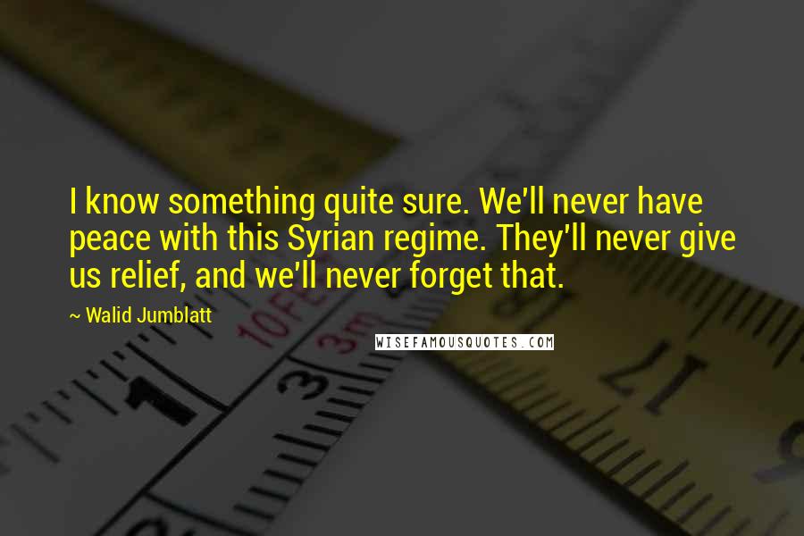 Walid Jumblatt Quotes: I know something quite sure. We'll never have peace with this Syrian regime. They'll never give us relief, and we'll never forget that.