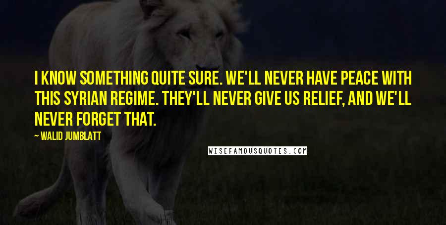 Walid Jumblatt Quotes: I know something quite sure. We'll never have peace with this Syrian regime. They'll never give us relief, and we'll never forget that.