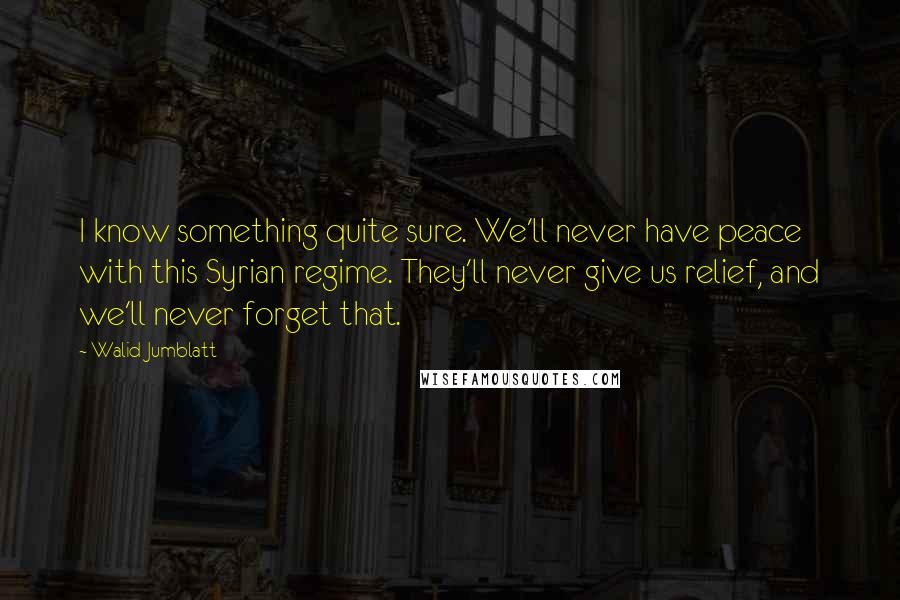 Walid Jumblatt Quotes: I know something quite sure. We'll never have peace with this Syrian regime. They'll never give us relief, and we'll never forget that.