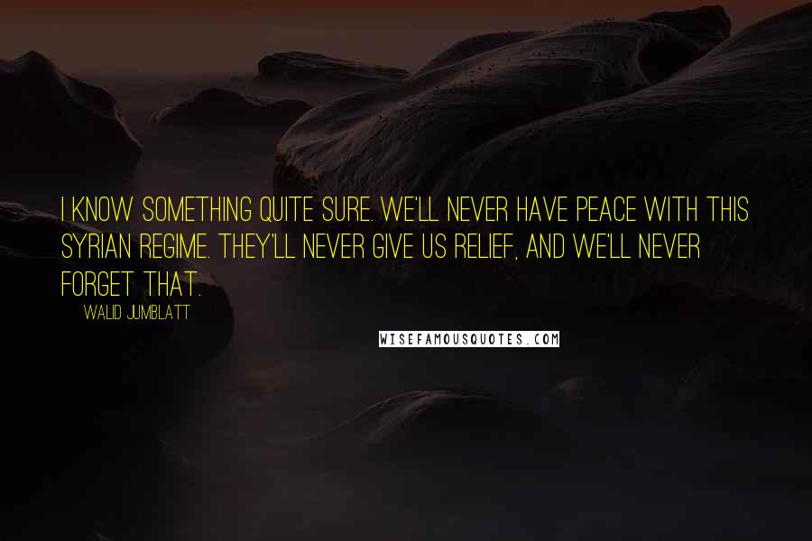Walid Jumblatt Quotes: I know something quite sure. We'll never have peace with this Syrian regime. They'll never give us relief, and we'll never forget that.