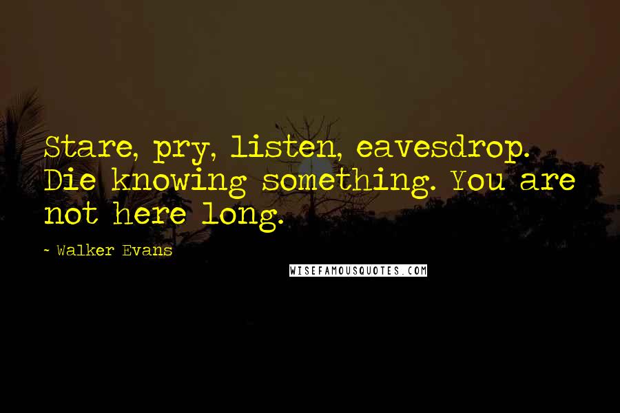 Walker Evans Quotes: Stare, pry, listen, eavesdrop. Die knowing something. You are not here long.