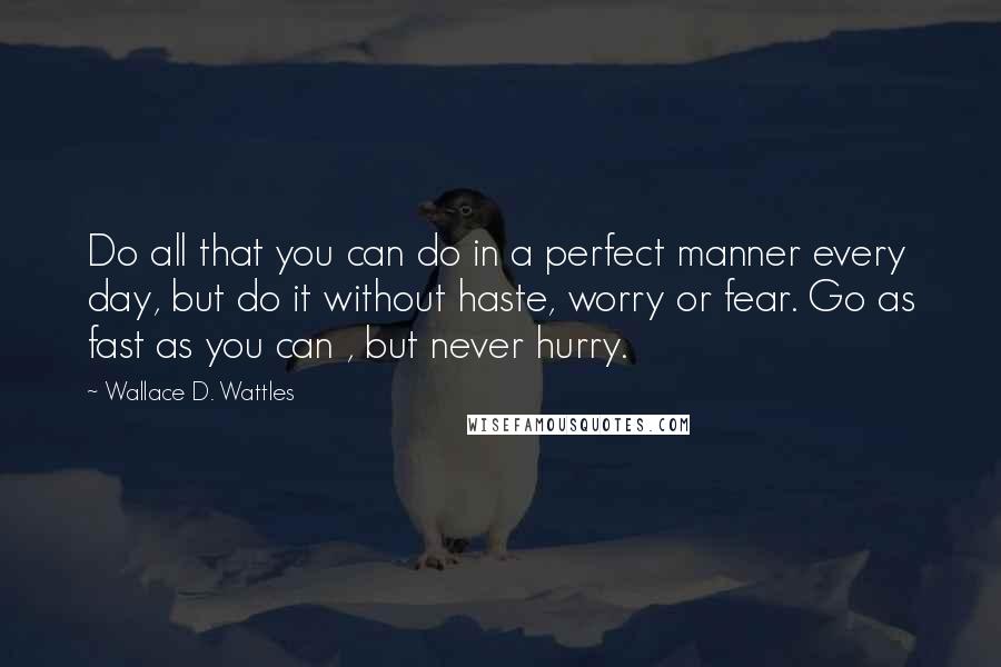 Wallace D. Wattles Quotes: Do all that you can do in a perfect manner every day, but do it without haste, worry or fear. Go as fast as you can , but never hurry.