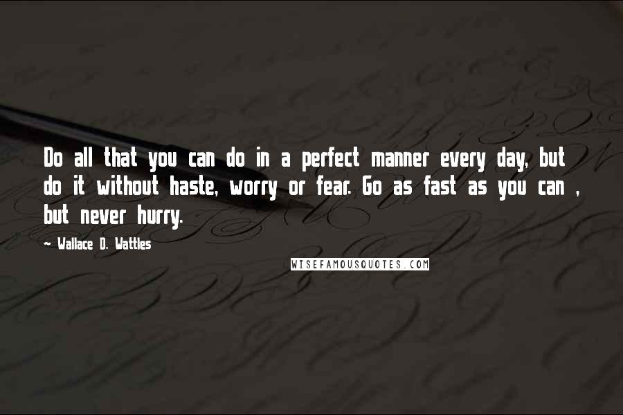 Wallace D. Wattles Quotes: Do all that you can do in a perfect manner every day, but do it without haste, worry or fear. Go as fast as you can , but never hurry.