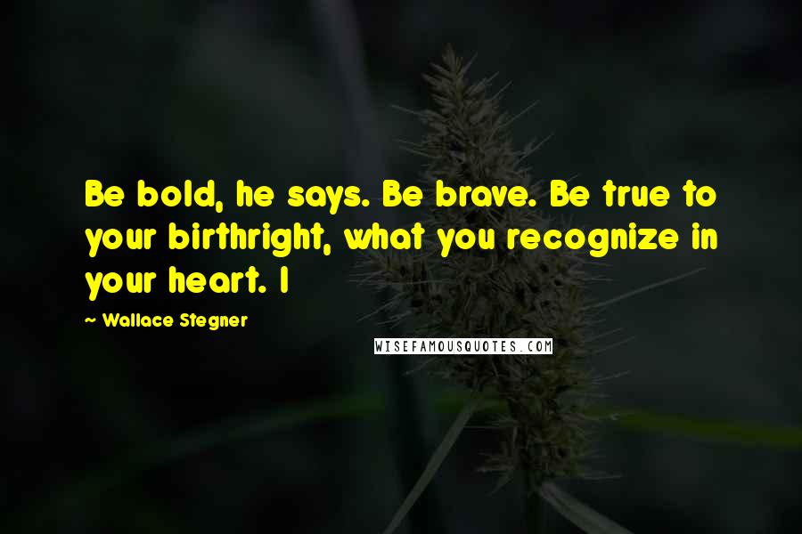 Wallace Stegner Quotes: Be bold, he says. Be brave. Be true to your birthright, what you recognize in your heart. I