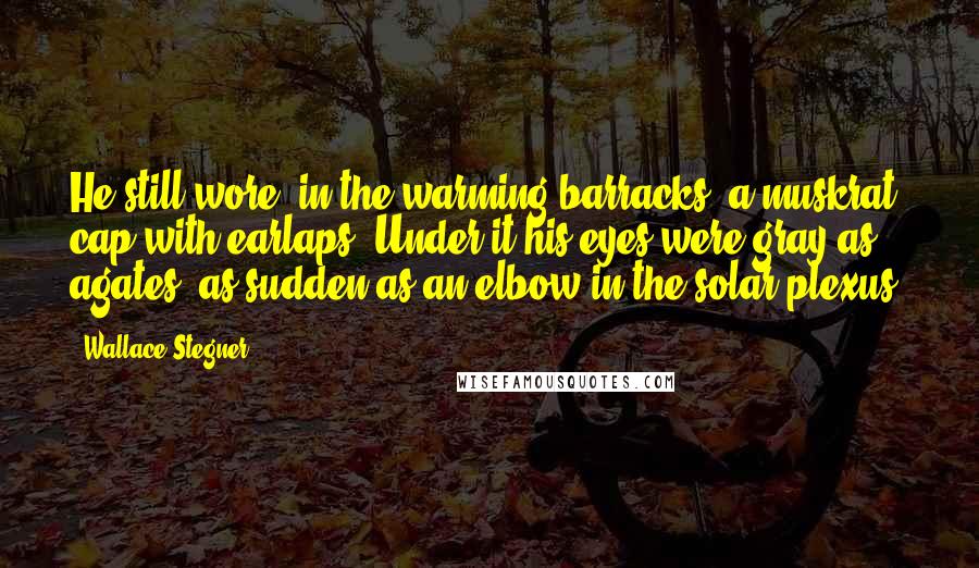 Wallace Stegner Quotes: He still wore, in the warming barracks, a muskrat cap with earlaps. Under it his eyes were gray as agates, as sudden as an elbow in the solar plexus.