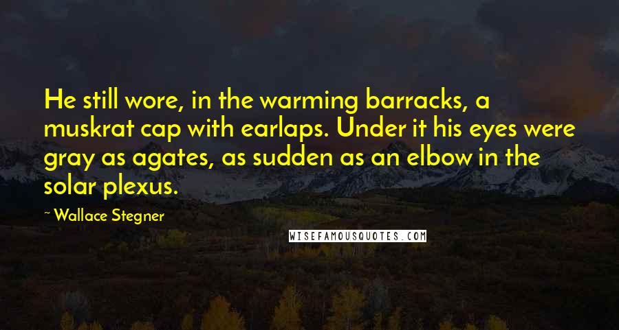 Wallace Stegner Quotes: He still wore, in the warming barracks, a muskrat cap with earlaps. Under it his eyes were gray as agates, as sudden as an elbow in the solar plexus.