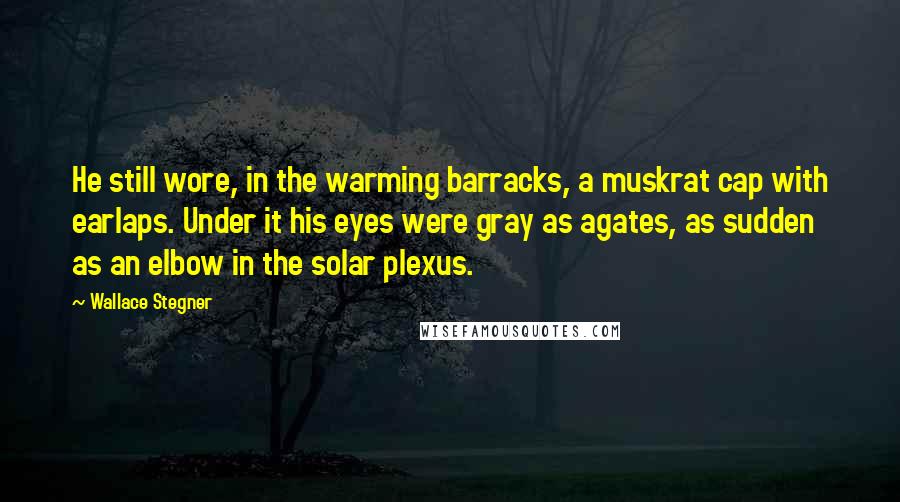 Wallace Stegner Quotes: He still wore, in the warming barracks, a muskrat cap with earlaps. Under it his eyes were gray as agates, as sudden as an elbow in the solar plexus.