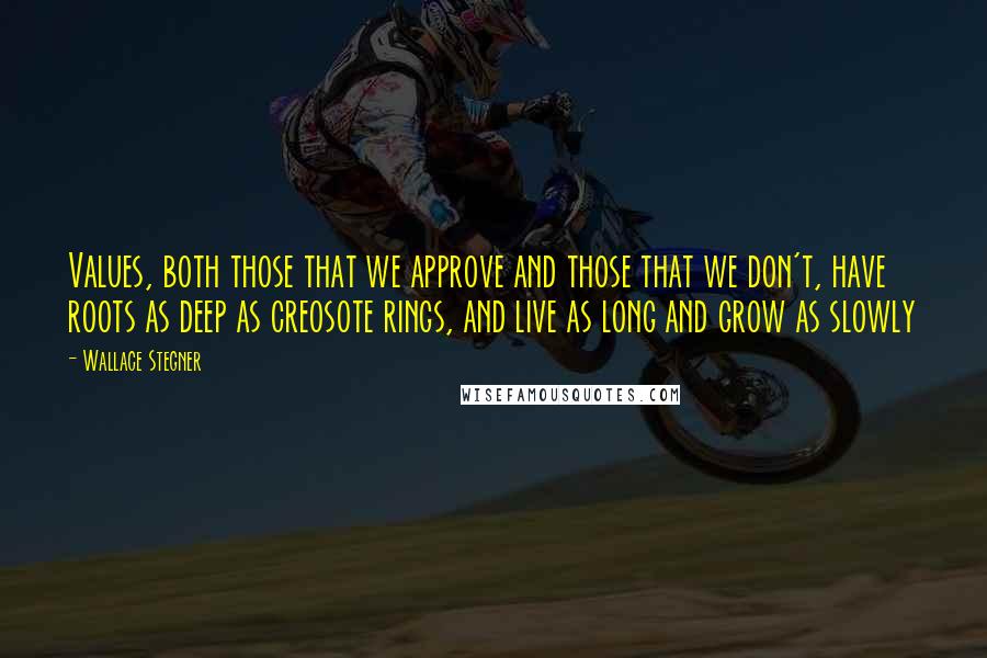 Wallace Stegner Quotes: Values, both those that we approve and those that we don't, have roots as deep as creosote rings, and live as long and grow as slowly