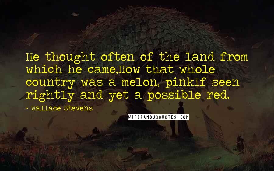 Wallace Stevens Quotes: He thought often of the land from which he came,How that whole country was a melon, pinkIf seen rightly and yet a possible red.