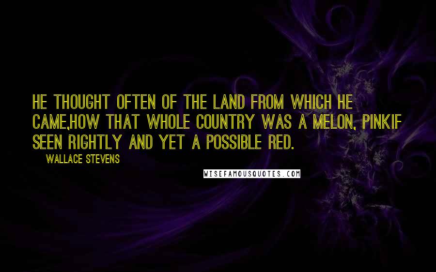 Wallace Stevens Quotes: He thought often of the land from which he came,How that whole country was a melon, pinkIf seen rightly and yet a possible red.