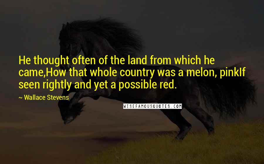 Wallace Stevens Quotes: He thought often of the land from which he came,How that whole country was a melon, pinkIf seen rightly and yet a possible red.