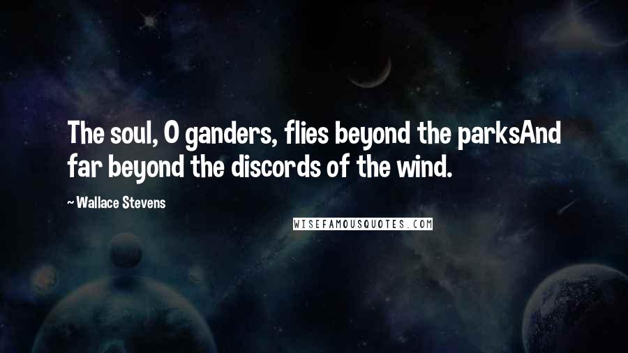 Wallace Stevens Quotes: The soul, O ganders, flies beyond the parksAnd far beyond the discords of the wind.