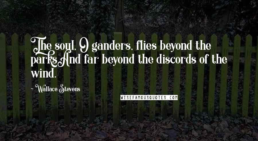 Wallace Stevens Quotes: The soul, O ganders, flies beyond the parksAnd far beyond the discords of the wind.