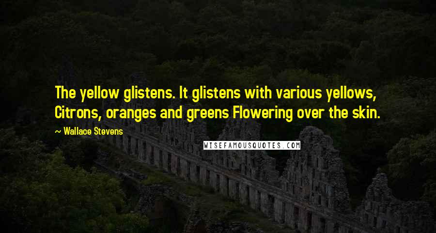 Wallace Stevens Quotes: The yellow glistens. It glistens with various yellows, Citrons, oranges and greens Flowering over the skin.