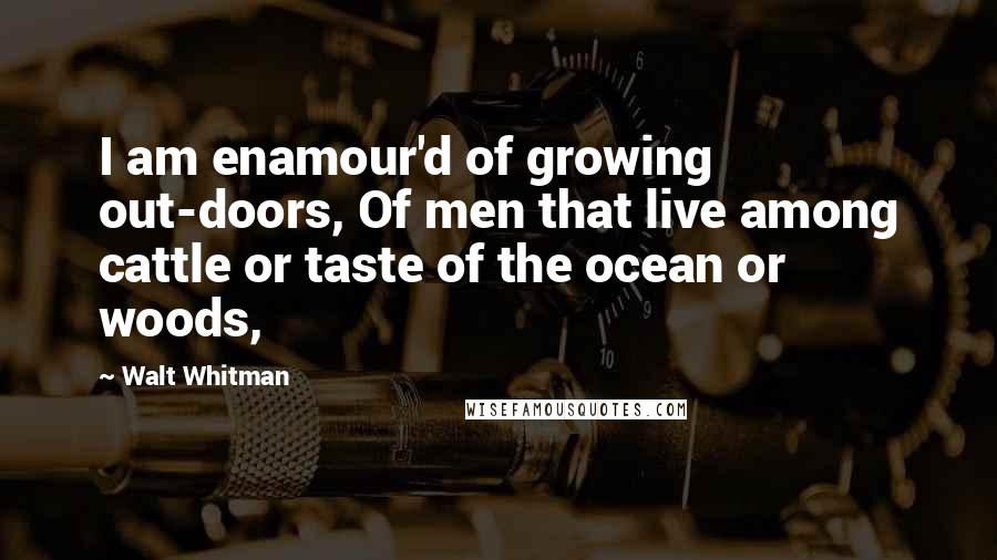 Walt Whitman Quotes: I am enamour'd of growing out-doors, Of men that live among cattle or taste of the ocean or woods,