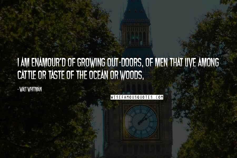 Walt Whitman Quotes: I am enamour'd of growing out-doors, Of men that live among cattle or taste of the ocean or woods,