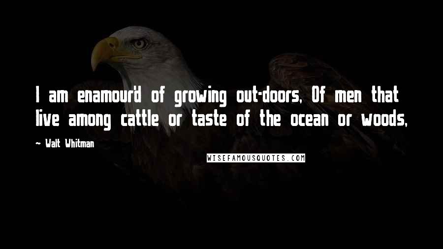 Walt Whitman Quotes: I am enamour'd of growing out-doors, Of men that live among cattle or taste of the ocean or woods,