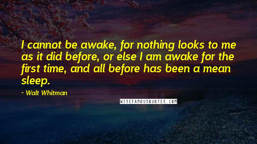 Walt Whitman Quotes: I cannot be awake, for nothing looks to me as it did before, or else I am awake for the first time, and all before has been a mean sleep.