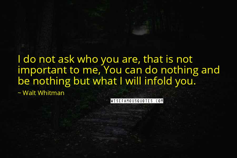 Walt Whitman Quotes: I do not ask who you are, that is not important to me, You can do nothing and be nothing but what I will infold you.