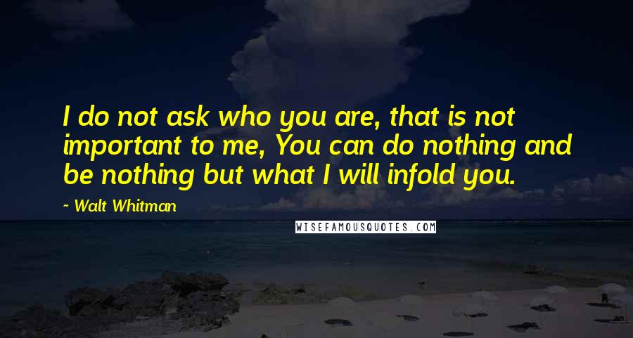 Walt Whitman Quotes: I do not ask who you are, that is not important to me, You can do nothing and be nothing but what I will infold you.