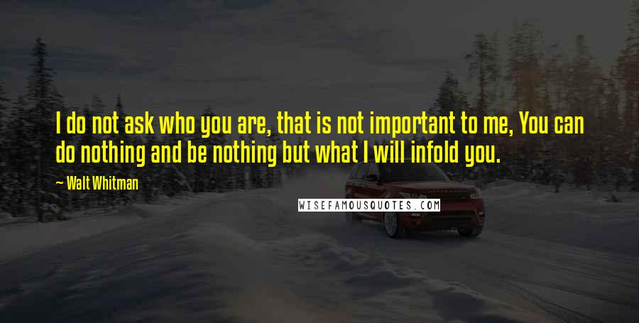 Walt Whitman Quotes: I do not ask who you are, that is not important to me, You can do nothing and be nothing but what I will infold you.