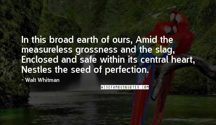 Walt Whitman Quotes: In this broad earth of ours, Amid the measureless grossness and the slag, Enclosed and safe within its central heart, Nestles the seed of perfection.