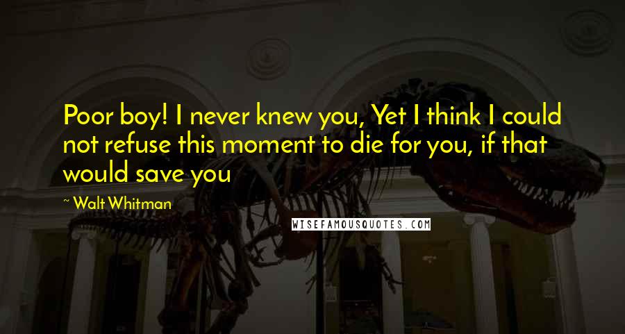 Walt Whitman Quotes: Poor boy! I never knew you, Yet I think I could not refuse this moment to die for you, if that would save you