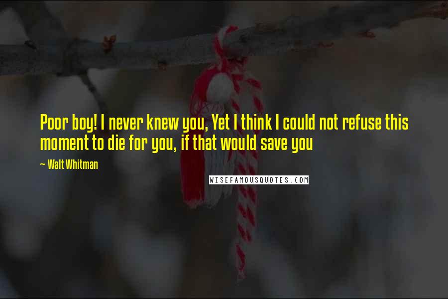 Walt Whitman Quotes: Poor boy! I never knew you, Yet I think I could not refuse this moment to die for you, if that would save you