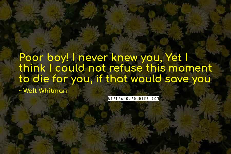 Walt Whitman Quotes: Poor boy! I never knew you, Yet I think I could not refuse this moment to die for you, if that would save you