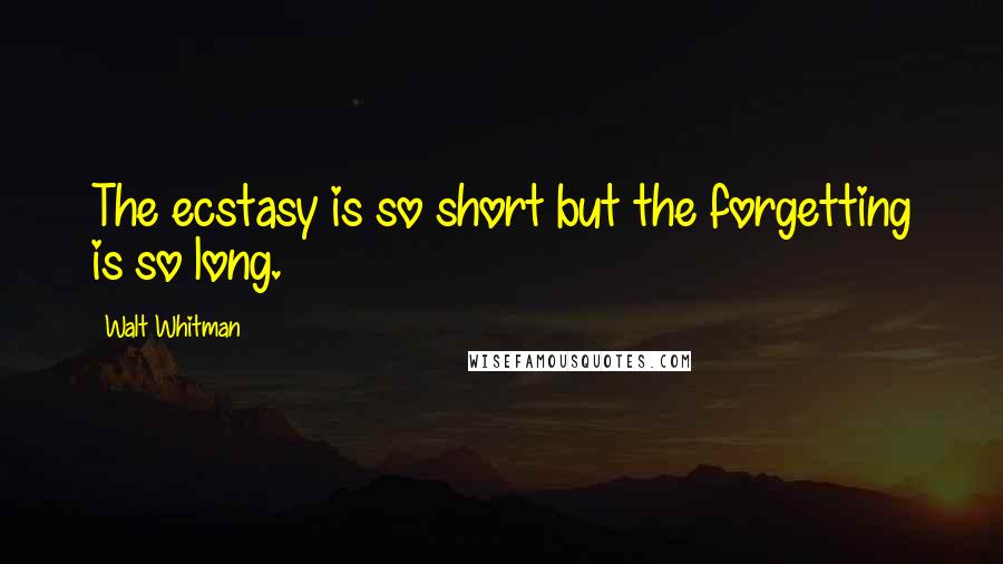 Walt Whitman Quotes: The ecstasy is so short but the forgetting is so long.