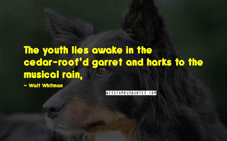 Walt Whitman Quotes: The youth lies awake in the cedar-roof'd garret and harks to the musical rain,