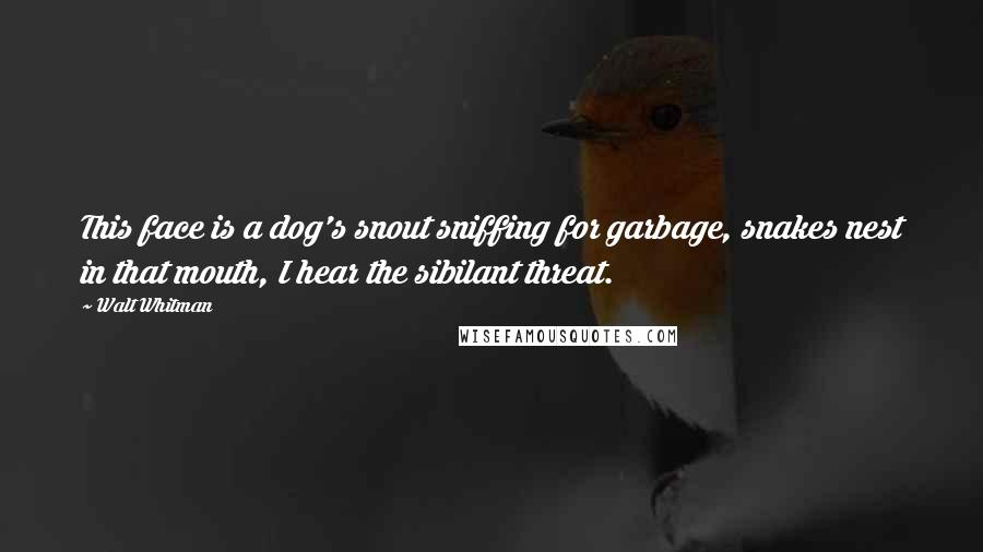 Walt Whitman Quotes: This face is a dog's snout sniffing for garbage, snakes nest in that mouth, I hear the sibilant threat.