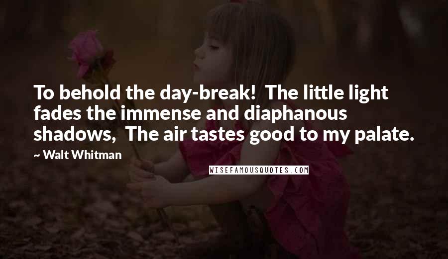 Walt Whitman Quotes: To behold the day-break!  The little light fades the immense and diaphanous shadows,  The air tastes good to my palate.