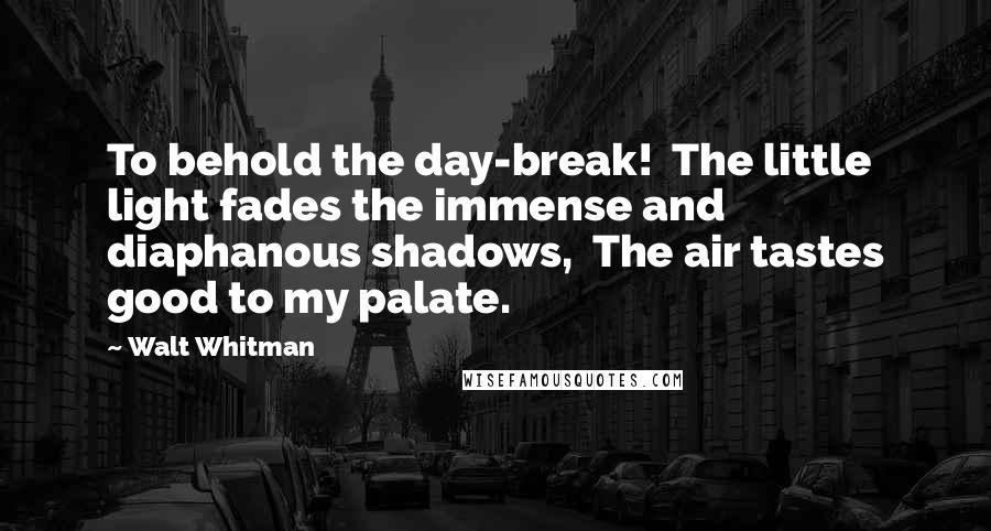 Walt Whitman Quotes: To behold the day-break!  The little light fades the immense and diaphanous shadows,  The air tastes good to my palate.