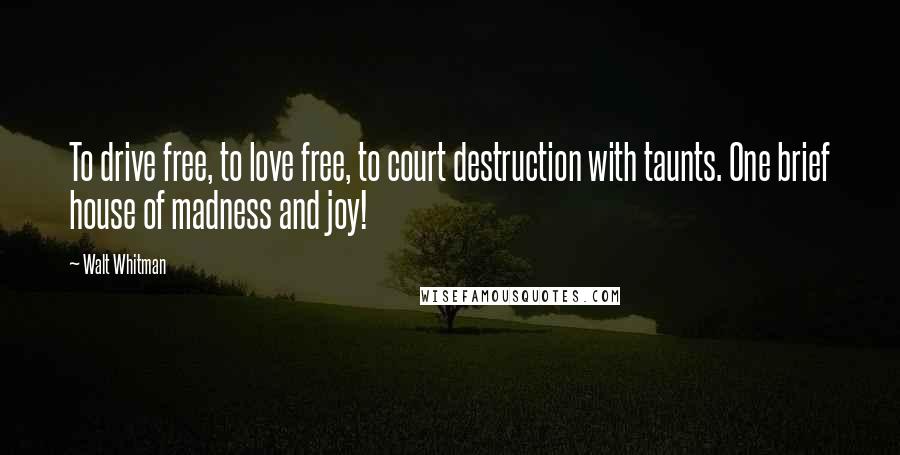Walt Whitman Quotes: To drive free, to love free, to court destruction with taunts. One brief house of madness and joy!