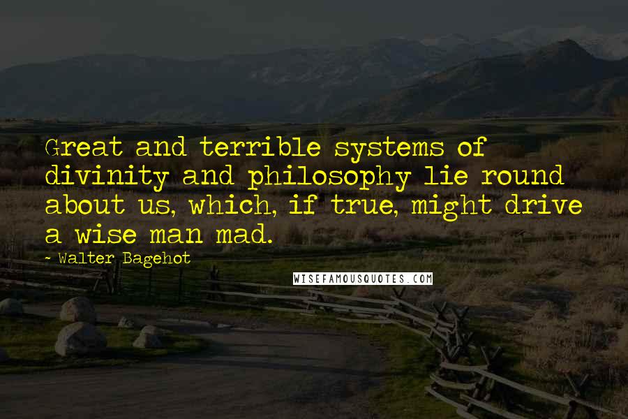 Walter Bagehot Quotes: Great and terrible systems of divinity and philosophy lie round about us, which, if true, might drive a wise man mad.