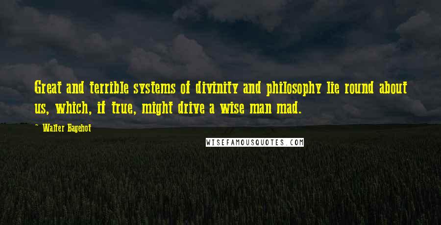 Walter Bagehot Quotes: Great and terrible systems of divinity and philosophy lie round about us, which, if true, might drive a wise man mad.