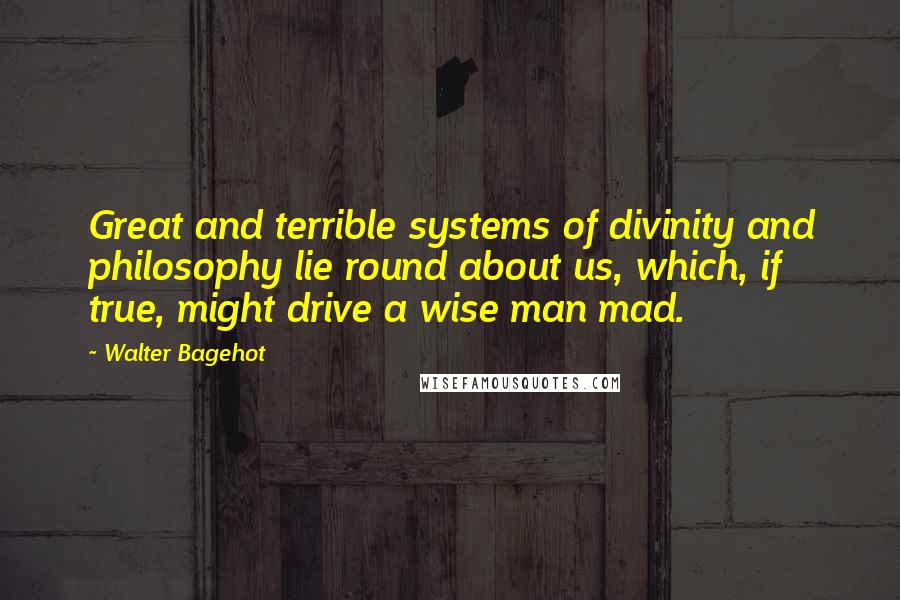 Walter Bagehot Quotes: Great and terrible systems of divinity and philosophy lie round about us, which, if true, might drive a wise man mad.