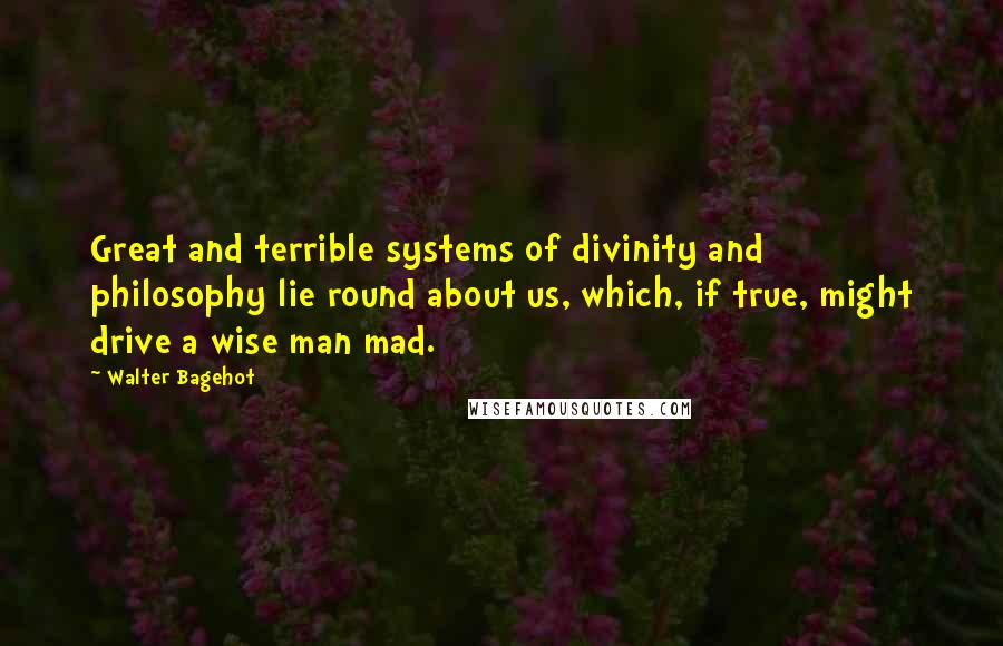Walter Bagehot Quotes: Great and terrible systems of divinity and philosophy lie round about us, which, if true, might drive a wise man mad.