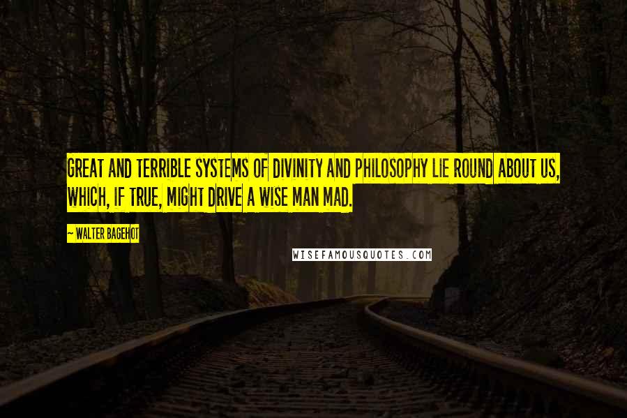 Walter Bagehot Quotes: Great and terrible systems of divinity and philosophy lie round about us, which, if true, might drive a wise man mad.