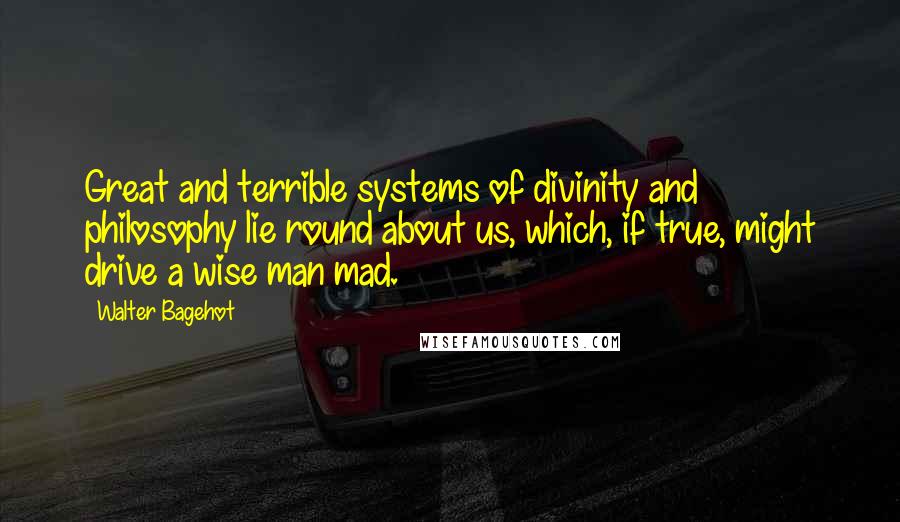 Walter Bagehot Quotes: Great and terrible systems of divinity and philosophy lie round about us, which, if true, might drive a wise man mad.